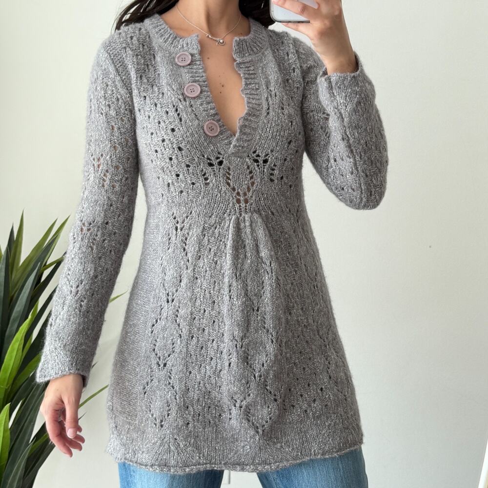 Vintage Y2k Babydoll Sweater Small Gray Alpaca Cotton Wool Knit Cottage Coquette